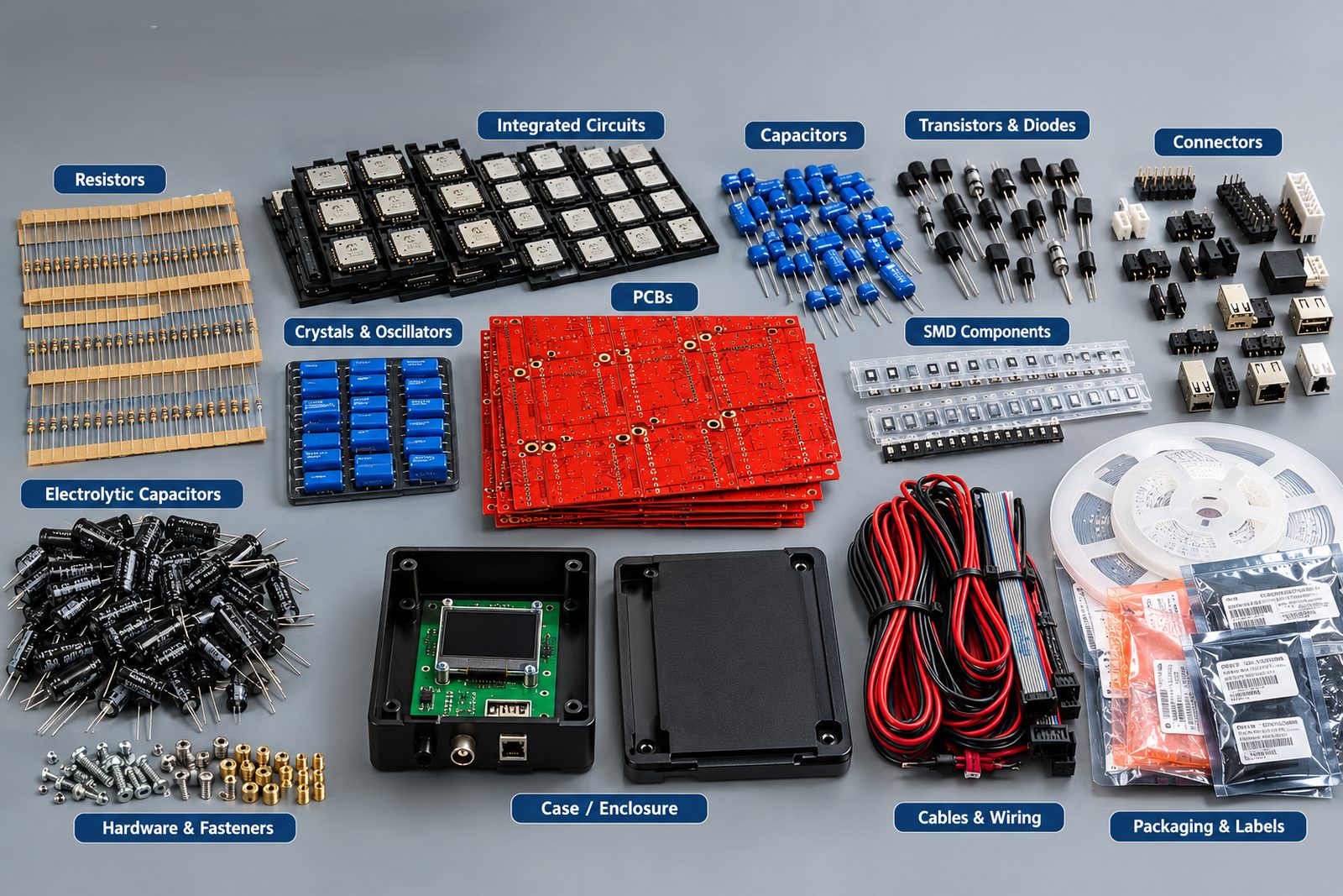 Full kit of labelled components procured for manufacture