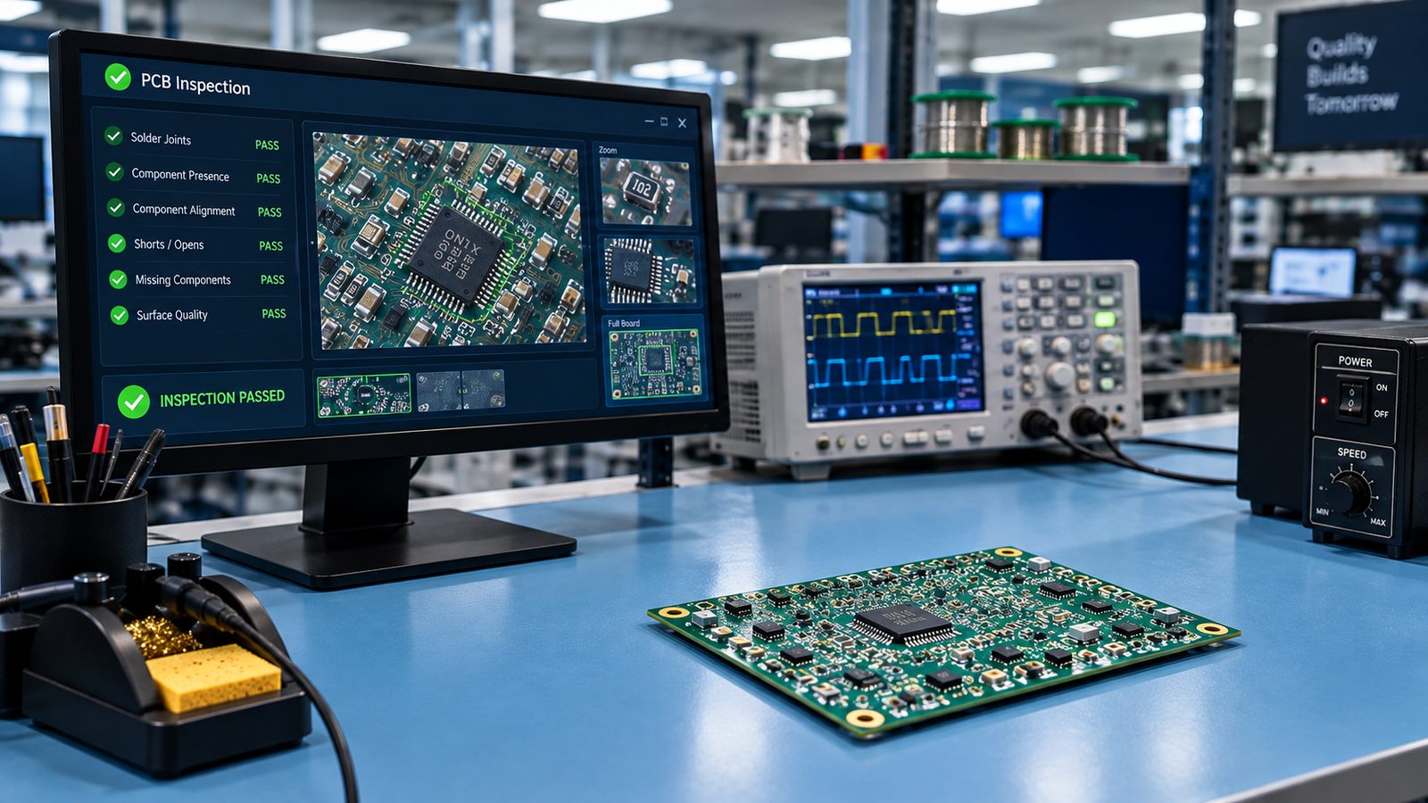 PCB inspection station showing passed inspection results on screen