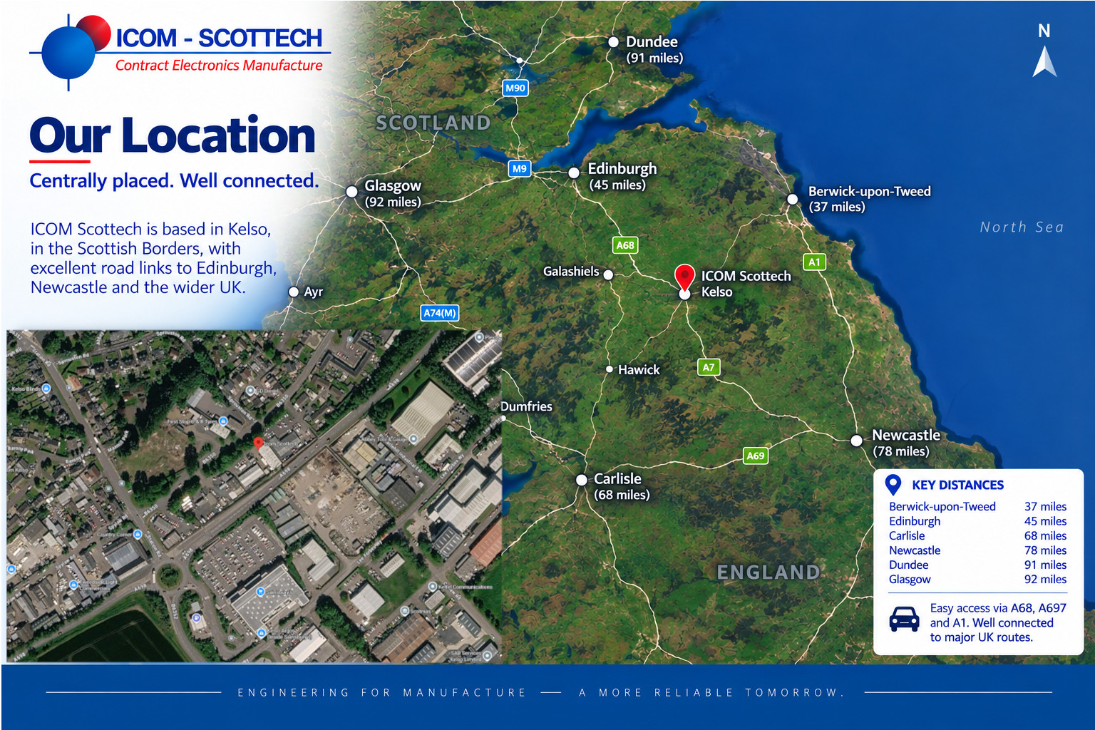 Map showing the Icom-Scottech location in Kelso, Roxburghshire