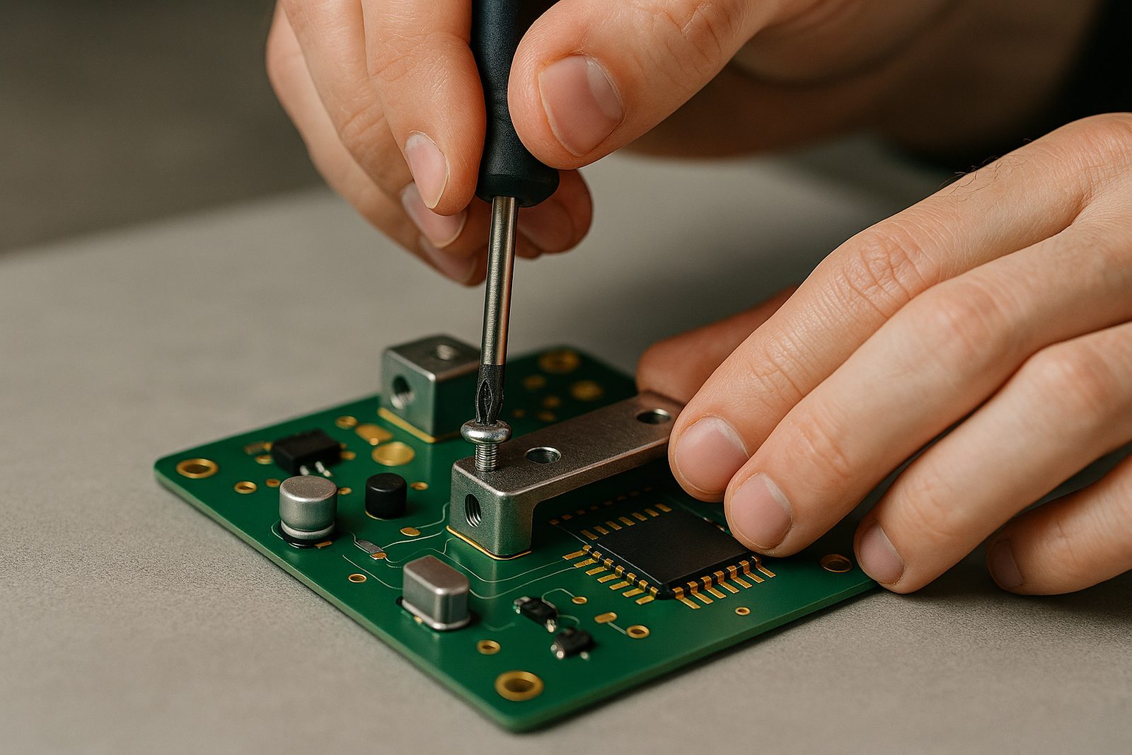 Technician fitting a machined bracket to a printed circuit board