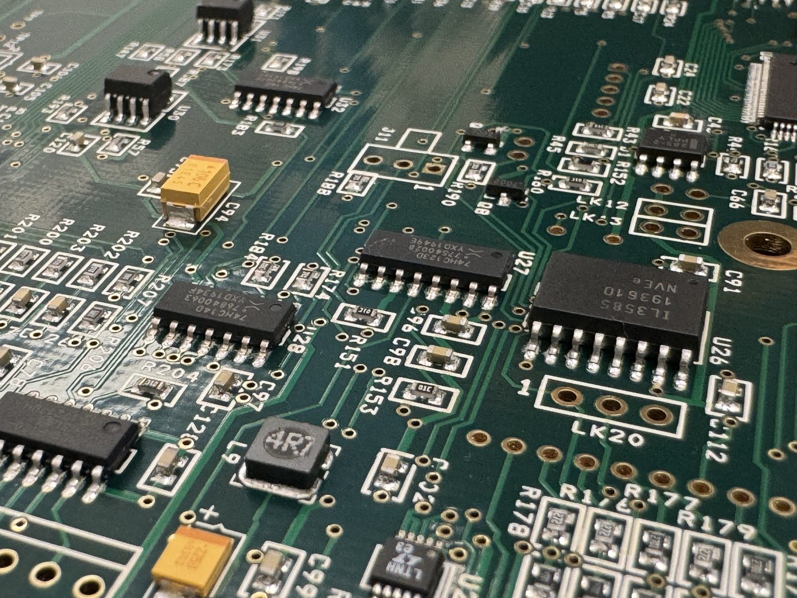 Close-up of a surface-mount populated printed circuit board