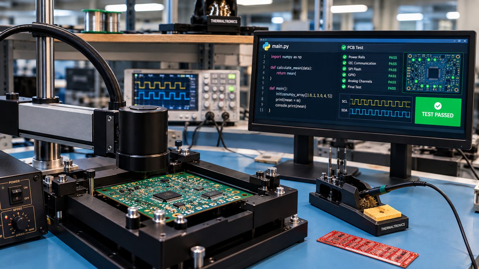 Functional test bench with a PCB under test and pass results on screen